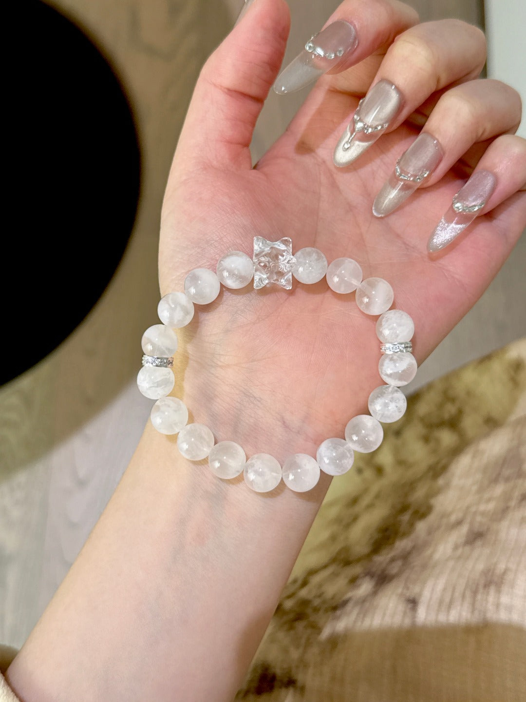 ▫️▪️ Pink snowflake ghost white water merkaba bracelet
